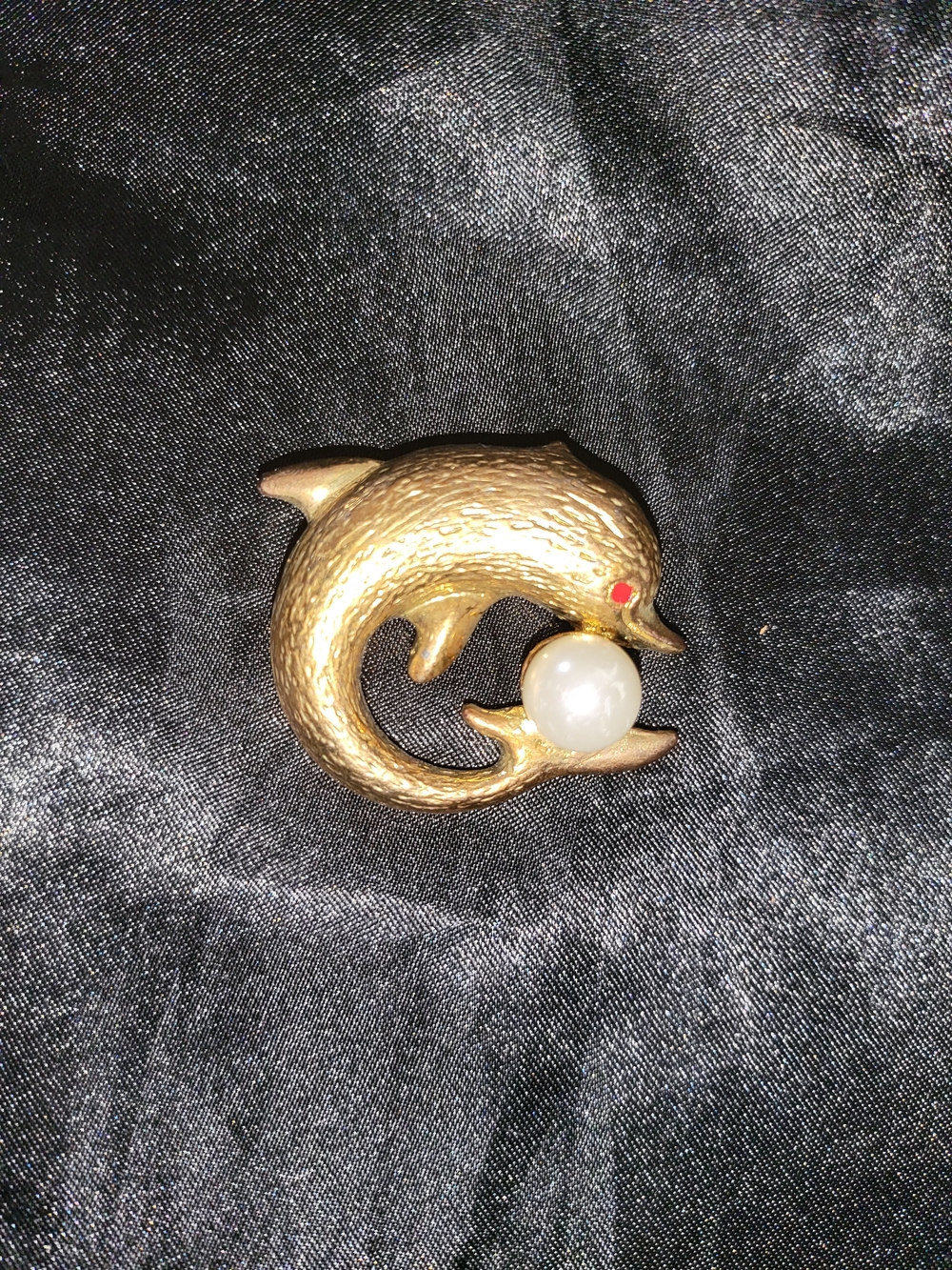 Vintage Gold Tone Dolphin Brooch with Pearl Accent